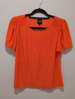 W5 Orange Eyelet Smocked Shoulder Short Sleeve Top